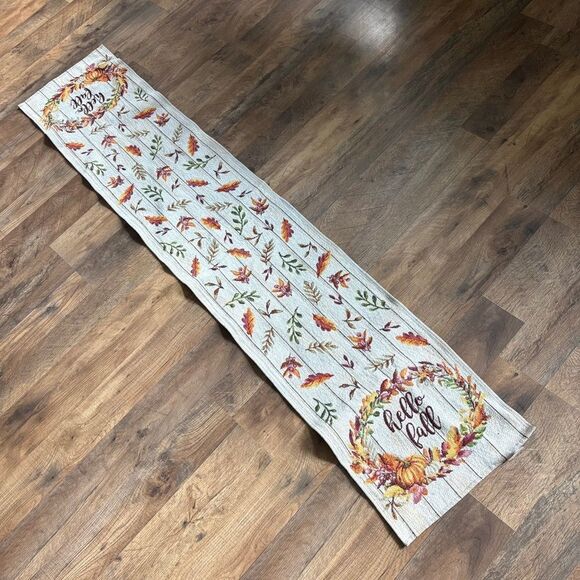 Hello Fall Autumn Table Runner Tapestry Fabric 12x64 great pre-used condition - Picture 1 of 13